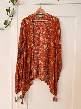 Knox Rose Burnt Orange Floral Kimono with Tassel Trim